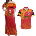 Queensland Papua New Guinea Custom Couples Matching Off Shoulder Maxi Dress and Hawaiian Shirt All Red Pacific PNG Tribal Style