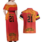 Queensland Papua New Guinea Custom Couples Matching Off Shoulder Maxi Dress and Hawaiian Shirt All Red Pacific PNG Tribal Style