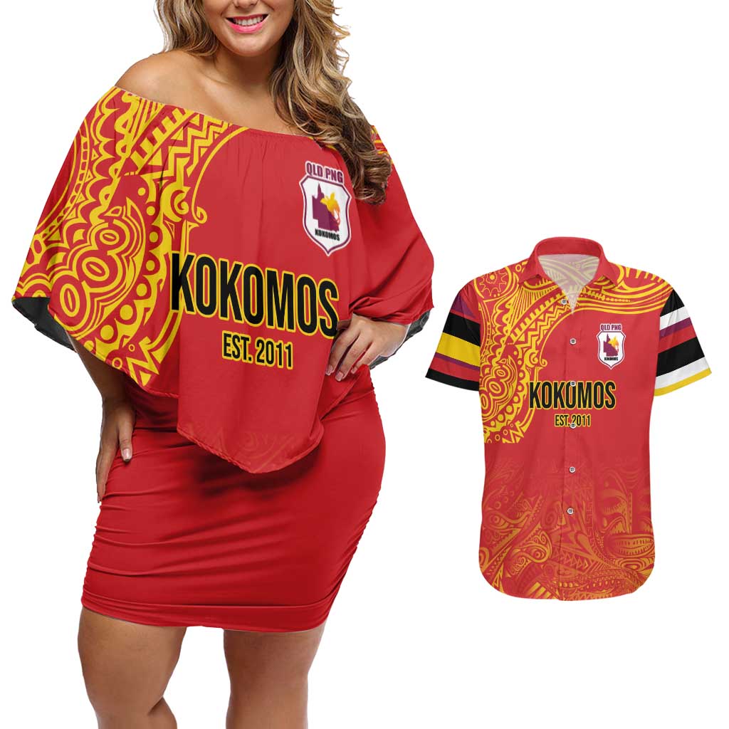 Queensland Papua New Guinea Custom Couples Matching Off Shoulder Short Dress and Hawaiian Shirt All Red Pacific PNG Tribal Style