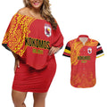 Queensland Papua New Guinea Custom Couples Matching Off Shoulder Short Dress and Hawaiian Shirt All Red Pacific PNG Tribal Style