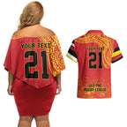 Queensland Papua New Guinea Custom Couples Matching Off Shoulder Short Dress and Hawaiian Shirt All Red Pacific PNG Tribal Style