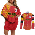 Queensland Papua New Guinea Custom Couples Matching Off Shoulder Short Dress and Long Sleeve Button Shirt All Red Pacific PNG Tribal Style