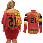 Queensland Papua New Guinea Custom Couples Matching Off Shoulder Short Dress and Long Sleeve Button Shirt All Red Pacific PNG Tribal Style