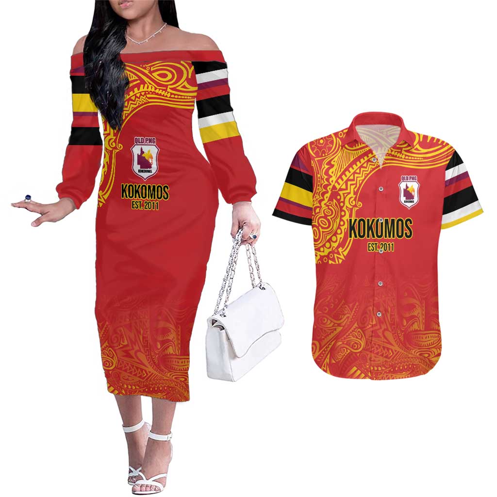 Queensland Papua New Guinea Custom Couples Matching Off The Shoulder Long Sleeve Dress and Hawaiian Shirt All Red Pacific PNG Tribal Style