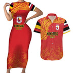 Queensland Papua New Guinea Custom Couples Matching Short Sleeve Bodycon Dress and Hawaiian Shirt All Red Pacific PNG Tribal Style