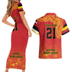 Queensland Papua New Guinea Custom Couples Matching Short Sleeve Bodycon Dress and Hawaiian Shirt All Red Pacific PNG Tribal Style