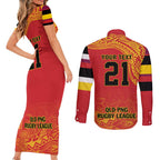 Queensland Papua New Guinea Custom Couples Matching Short Sleeve Bodycon Dress and Long Sleeve Button Shirt All Red Pacific PNG Tribal Style