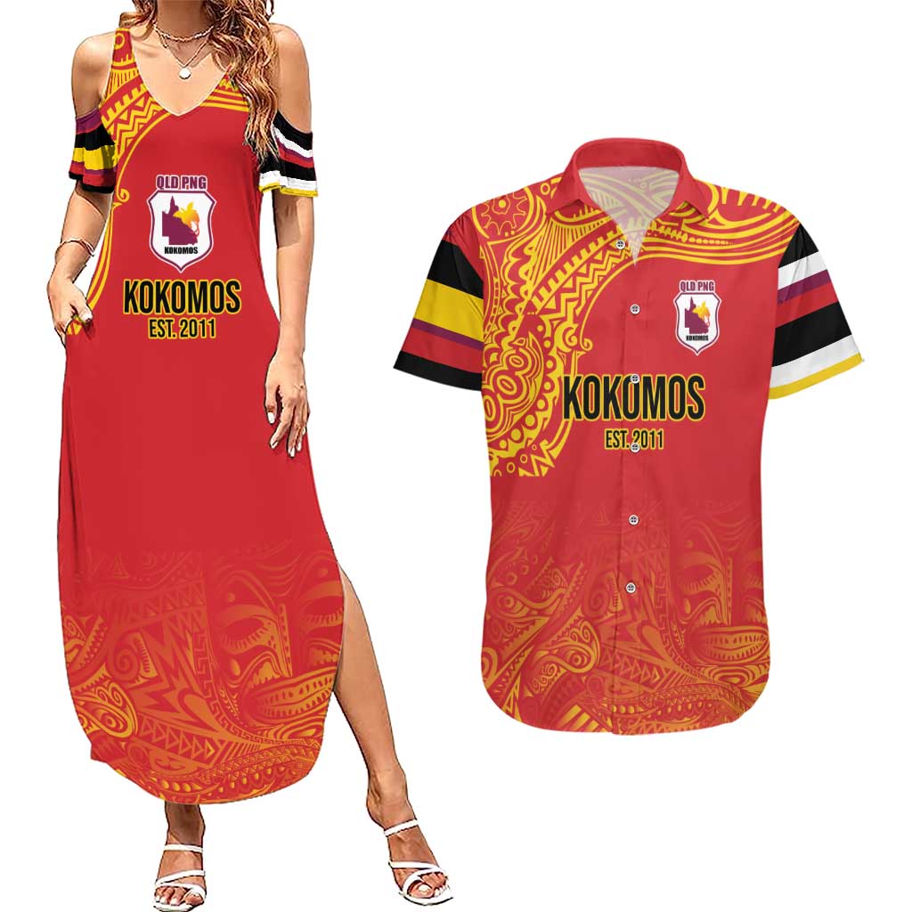 Queensland Papua New Guinea Custom Couples Matching Summer Maxi Dress and Hawaiian Shirt All Red Pacific PNG Tribal Style