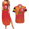 Queensland Papua New Guinea Custom Couples Matching Summer Maxi Dress and Hawaiian Shirt All Red Pacific PNG Tribal Style
