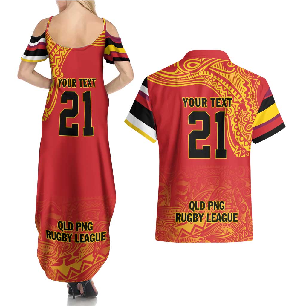 Queensland Papua New Guinea Custom Couples Matching Summer Maxi Dress and Hawaiian Shirt All Red Pacific PNG Tribal Style