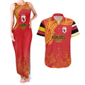 Queensland Papua New Guinea Custom Couples Matching Tank Maxi Dress and Hawaiian Shirt All Red Pacific PNG Tribal Style