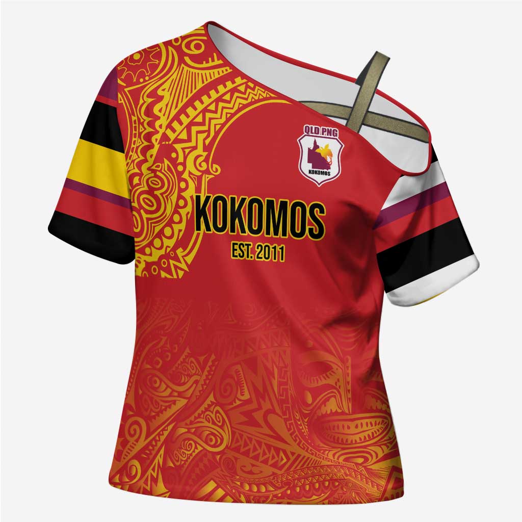 Queensland Papua New Guinea Custom Cross Shoulder Shirt All Red Pacific PNG Tribal Style - Aussie Hoodie