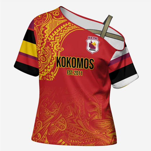 Queensland Papua New Guinea Custom Cross Shoulder Shirt All Red Pacific PNG Tribal Style - Aussie Hoodie