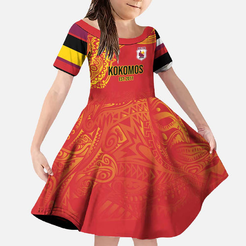 Queensland Papua New Guinea Custom Family Matching Off The Shoulder Long Sleeve Dress and Hawaiian Shirt All Red Pacific PNG Tribal Style