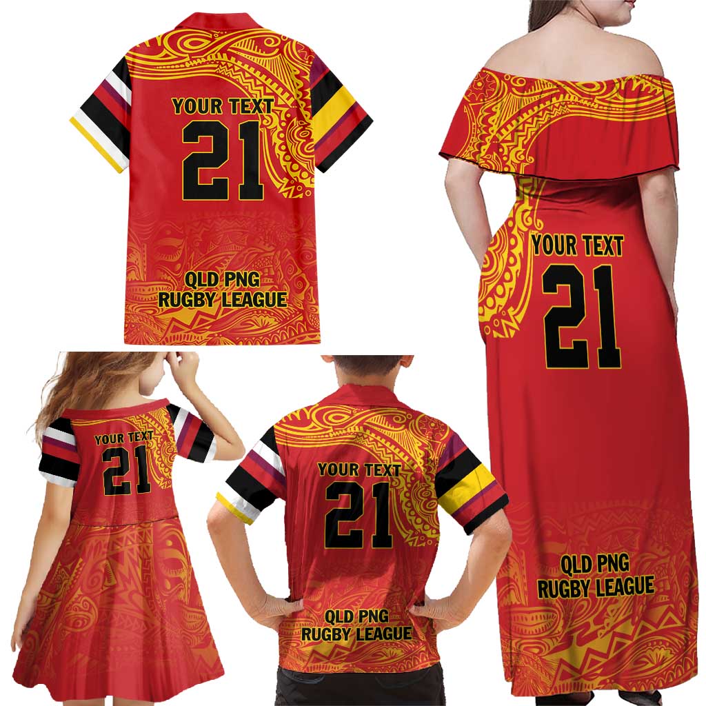 Queensland Papua New Guinea Custom Family Matching Off Shoulder Maxi Dress and Hawaiian Shirt All Red Pacific PNG Tribal Style