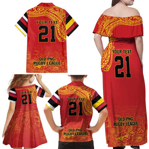 Queensland Papua New Guinea Custom Family Matching Off Shoulder Maxi Dress and Hawaiian Shirt All Red Pacific PNG Tribal Style