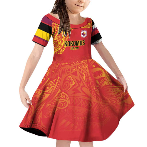 Queensland Papua New Guinea Custom Family Matching Off Shoulder Short Dress and Hawaiian Shirt All Red Pacific PNG Tribal Style