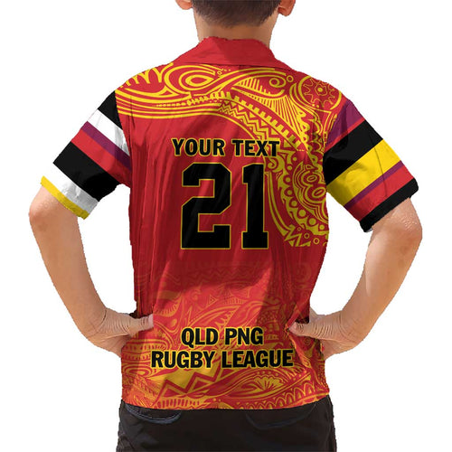Queensland Papua New Guinea Custom Kid Hawaiian Shirt All Red Pacific PNG Tribal Style