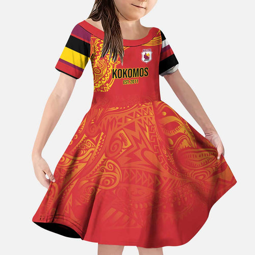 Queensland Papua New Guinea Custom Kid Short Sleeve Dress All Red Pacific PNG Tribal Style