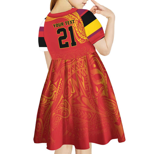 Queensland Papua New Guinea Custom Kid Short Sleeve Dress All Red Pacific PNG Tribal Style