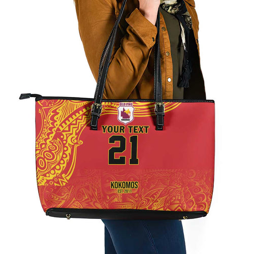 Queensland Papua New Guinea Custom Leather Tote Bag All Red Pacific PNG Tribal Style