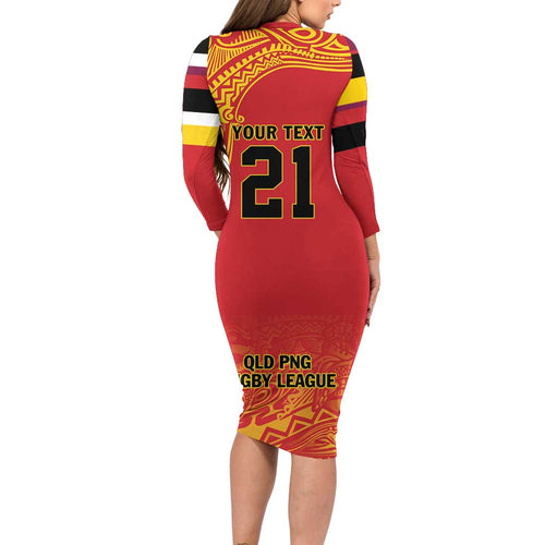 Queensland Papua New Guinea Custom Long Sleeve Bodycon Dress All Red Pacific PNG Tribal Style