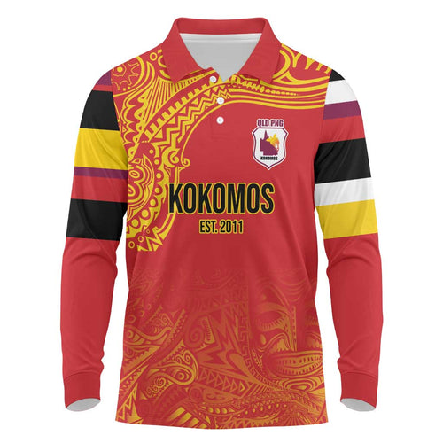 Queensland Papua New Guinea Custom Long Sleeve Polo Shirt All Red Pacific PNG Tribal Style