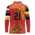 Queensland Papua New Guinea Custom Long Sleeve Polo Shirt All Red Pacific PNG Tribal Style