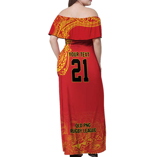 Queensland Papua New Guinea Custom Off Shoulder Maxi Dress All Red Pacific PNG Tribal Style