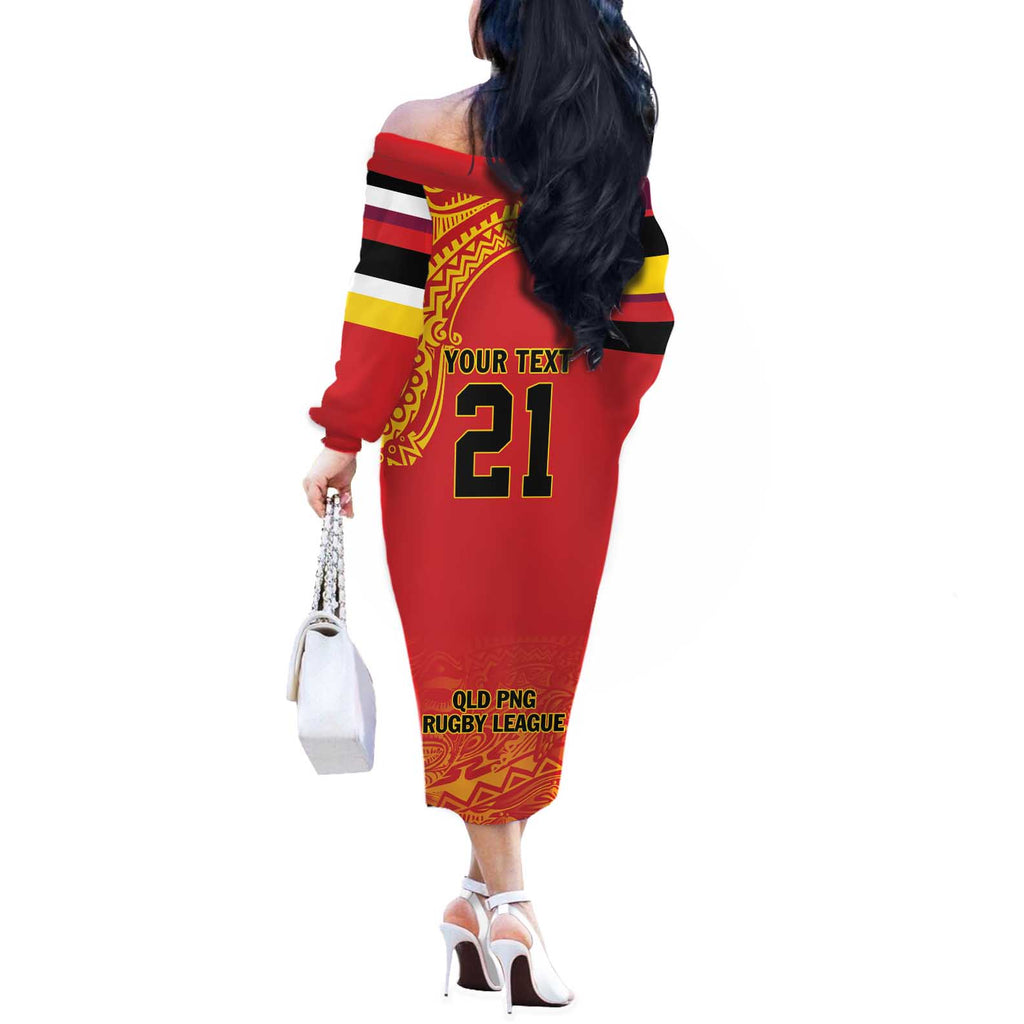 Queensland Papua New Guinea Custom Off The Shoulder Long Sleeve Dress All Red Pacific PNG Tribal Style