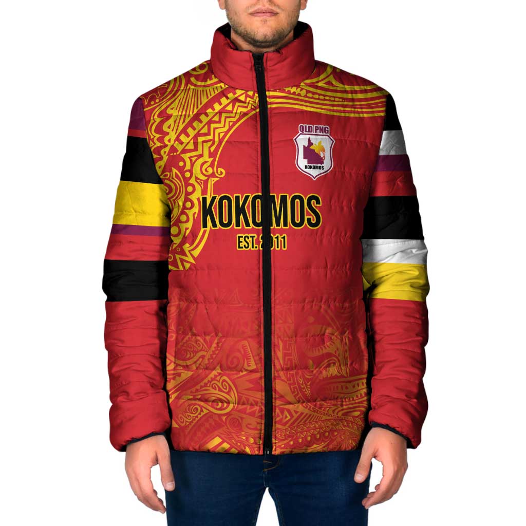 Queensland Papua New Guinea Custom Padded Jacket All Red Pacific PNG Tribal Style - Aussie Hoodie