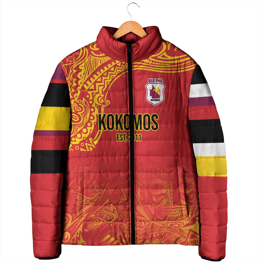 Queensland Papua New Guinea Custom Padded Jacket All Red Pacific PNG Tribal Style - Aussie Hoodie