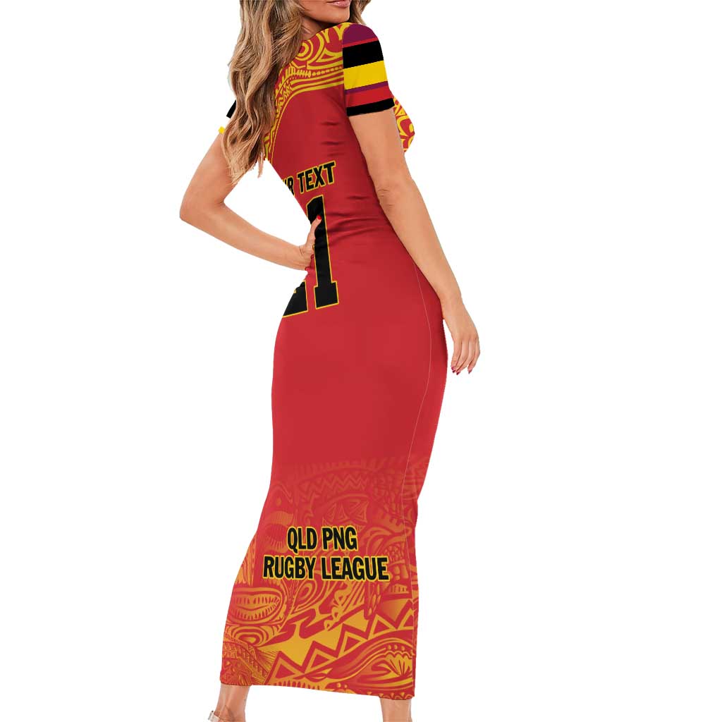 Queensland Papua New Guinea Custom Short Sleeve Bodycon Dress All Red Pacific PNG Tribal Style