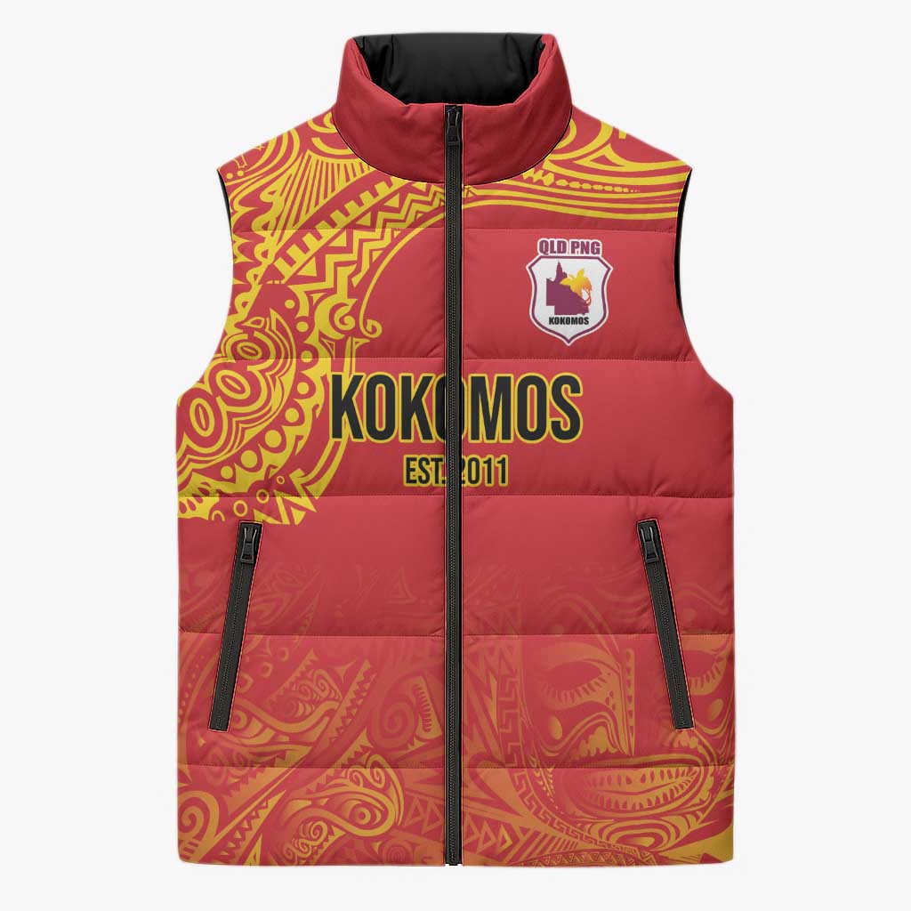 Queensland Papua New Guinea Custom Sleeveless Puffer Jacket All Red Pacific PNG Tribal Style - Aussie Hoodie