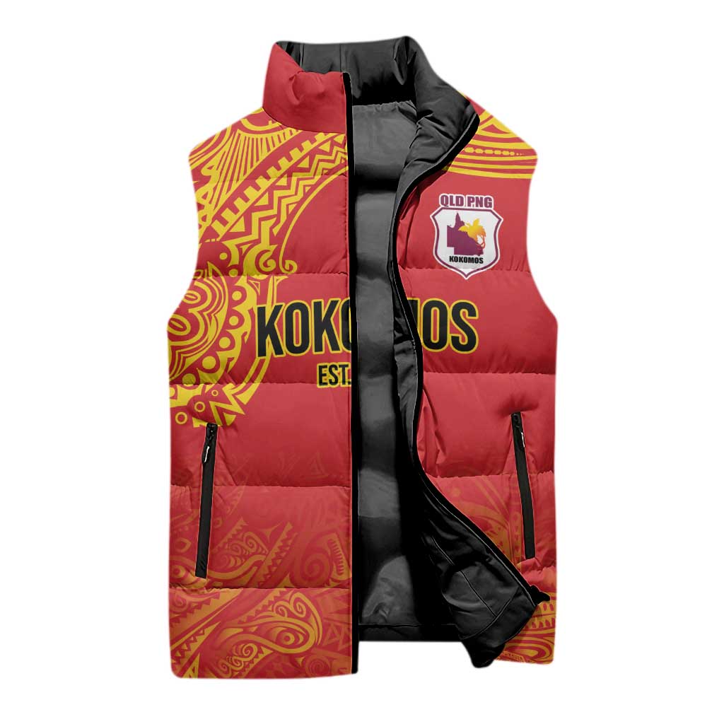 Queensland Papua New Guinea Custom Sleeveless Puffer Jacket All Red Pacific PNG Tribal Style - Aussie Hoodie