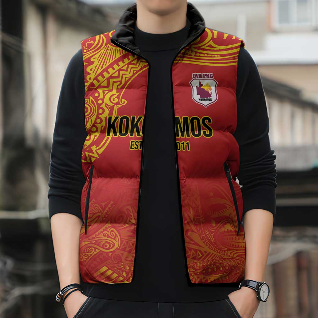 Queensland Papua New Guinea Custom Sleeveless Puffer Jacket All Red Pacific PNG Tribal Style - Aussie Hoodie