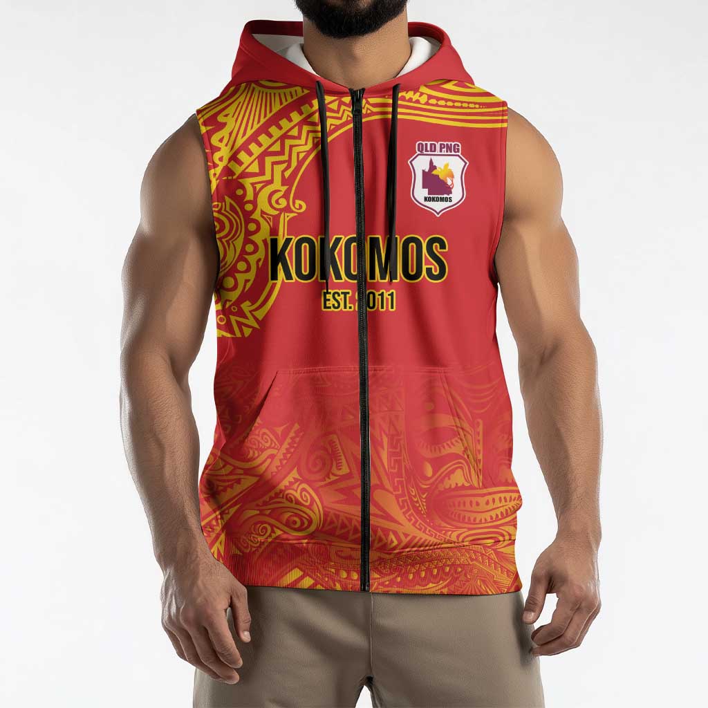 Queensland Papua New Guinea Custom Sleeveless Zip Hoodie All Red Pacific PNG Tribal Style LT9