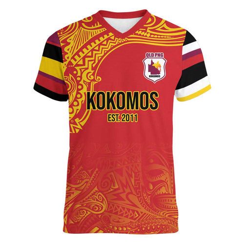 Queensland Papua New Guinea Custom Women V-Neck T-Shirt All Red Pacific PNG Tribal Style