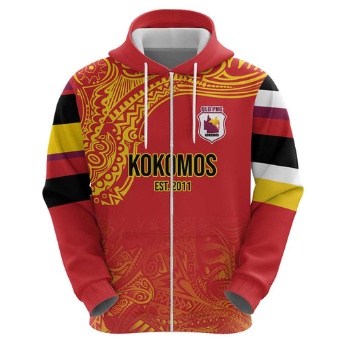 Queensland Papua New Guinea Custom Zip Hoodie All Red Pacific PNG Tribal Style