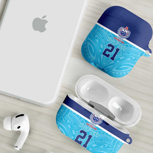 Queensland Samoa Custom AirPods Case Blue Pacific Polynesian Tribal Pattern - Aussie Hoodie