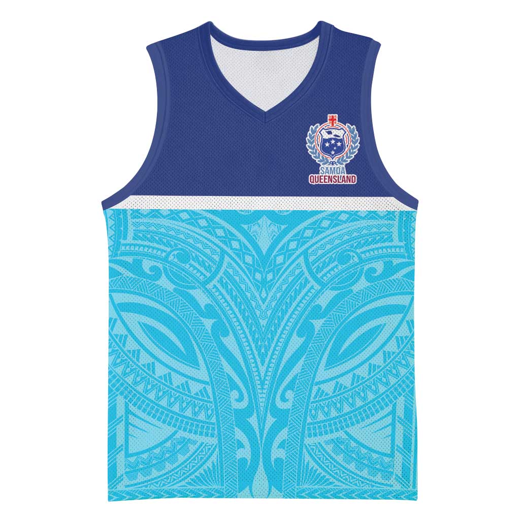 Queensland Samoa Custom Basketball Jersey Blue Pacific Polynesian Tribal Pattern - Aussie Hoodie