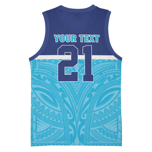Queensland Samoa Custom Basketball Jersey Blue Pacific Polynesian Tribal Pattern - Aussie Hoodie