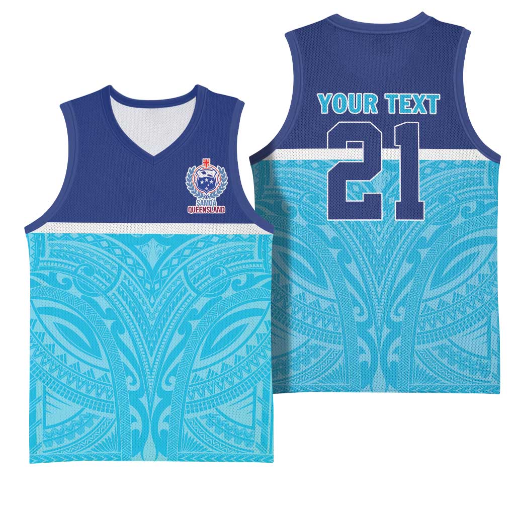 Queensland Samoa Custom Basketball Jersey Blue Pacific Polynesian Tribal Pattern - Aussie Hoodie