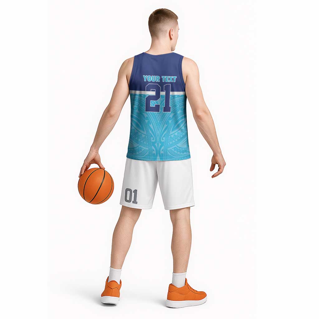 Queensland Samoa Custom Basketball Jersey Blue Pacific Polynesian Tribal Pattern - Aussie Hoodie
