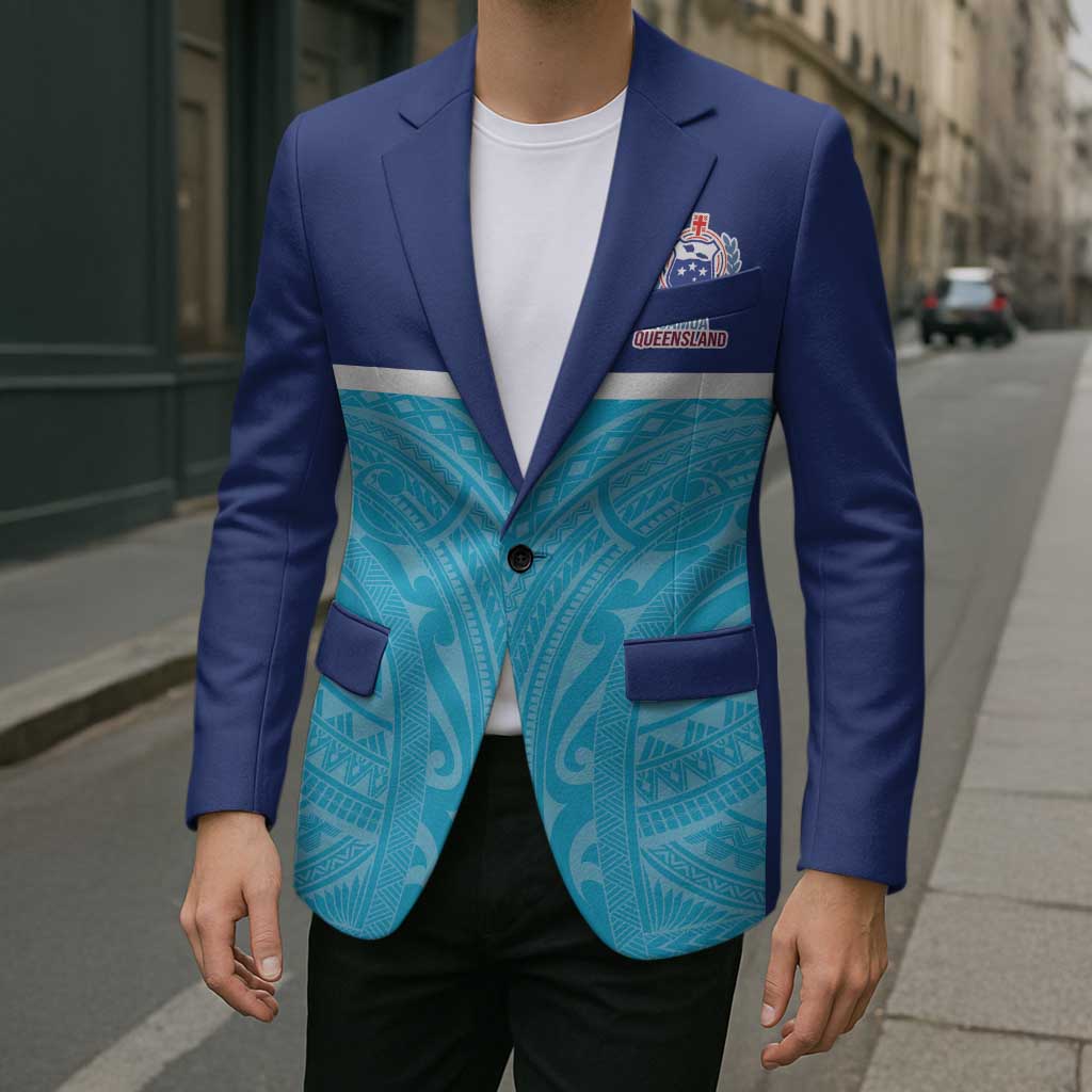 Queensland Samoa Custom Blazer Blue Pacific Polynesian Tribal Pattern - Aussie Hoodie