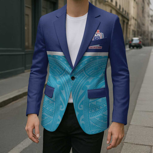 Queensland Samoa Custom Blazer Blue Pacific Polynesian Tribal Pattern - Aussie Hoodie