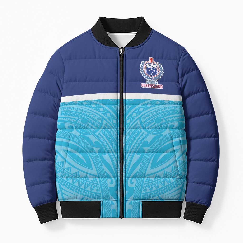 Queensland Samoa Custom Bomber Puffer Jacket Blue Pacific Polynesian Tribal Pattern - Aussie Hoodie