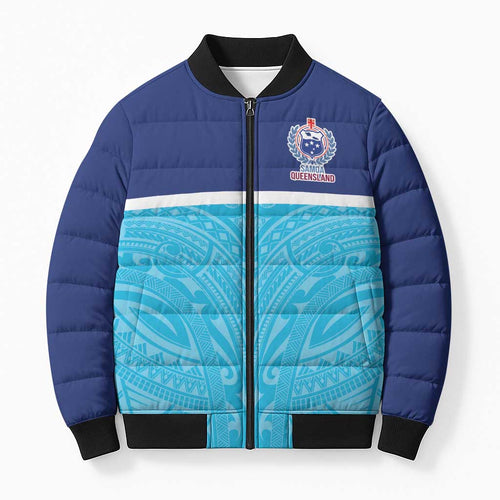 Queensland Samoa Custom Bomber Puffer Jacket Blue Pacific Polynesian Tribal Pattern - Aussie Hoodie