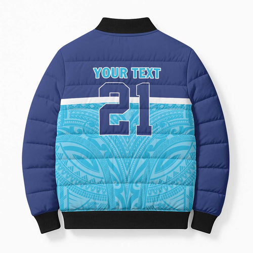 Queensland Samoa Custom Bomber Puffer Jacket Blue Pacific Polynesian Tribal Pattern - Aussie Hoodie