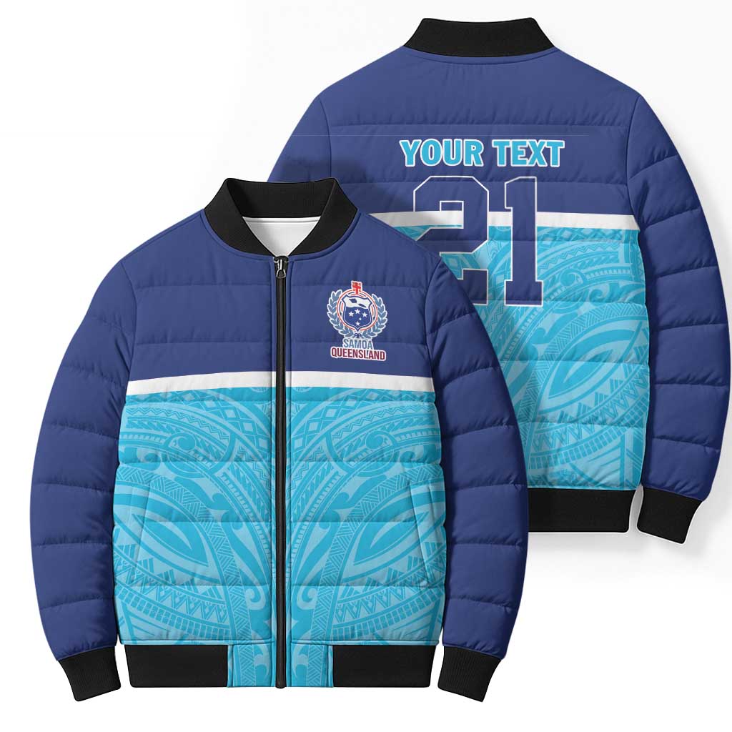Queensland Samoa Custom Bomber Puffer Jacket Blue Pacific Polynesian Tribal Pattern - Aussie Hoodie